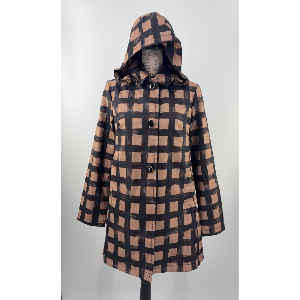 B39 Kate Spade Check Hooded Raincoat XS Tan Black Brushstroke Grid Snap Lined